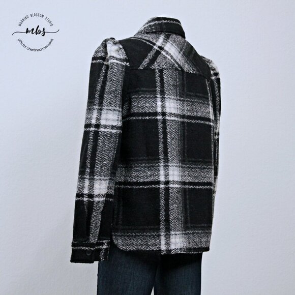 NWT Gap Plaid Puff Sleeve Cropped Wool Shirt Jacket Black White Women S Tall - Picture 7 of 12